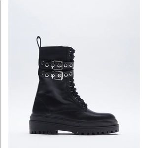 Zara Black Low Heel Laced Leather Ankle Boots Size 9 NWT